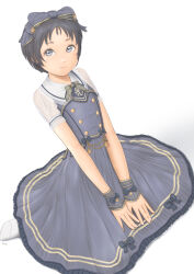 Rule 34 | 1girl, black hair, bow, commentary request, dress, flat chest, grey dress, grey eyes, hair bow, highres, kantai collection, looking at viewer, maru-yu (kancolle), own hands together, see-through, see-through sleeves, short hair, short sleeves, sitting, smile, socks, solo, uzuki mei, white socks, wrist cuffs