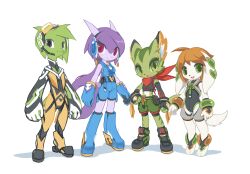 1boy 2015 3girls absurdres alien animal_ears basset_hound bird bird_boy black_eyes bodysuit boots carol_tea cat cat_ears cat_girl cat_tail chinese_clothes chinese_commentary chinese_knot commander_torque commentary digitigrade dog dog_ears dog_girl dog_tail dragon_girl dragon_horns elbow_gloves fingerless_gloves freedom_planet gloves green_eyes green_fur hairband headset highres horns krita_(medium) leotard milla_basset multiple_girls multiple_views orange_hair original purple_fur red_eyes red_scarf sash_lilac scarf signature slit_pupils standing tail three_quarter_view twintails tyson_tan water_dragon white_fur wristband