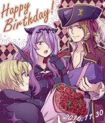 Rule 34 | 1girl, 2boys, black gloves, blonde hair, bouquet, brother and sister, brothers, camilla (fire emblem), fire emblem, fire emblem fates, flower, gift, gloves, hair over one eye, hairband, happy birthday, hat, hiyori (rindou66), leo (fire emblem), long hair, long sleeves, multiple boys, nintendo, official alternate costume, open mouth, pirate hat, purple hair, short hair, siblings, smile, xander (fire emblem), xander (pirate) (fire emblem)
