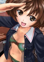 Rule 34 | 10s, 1girl, abazu-red, akiyama yukari, bra, brown eyes, brown hair, camouflage, camouflage bra, camouflage panties, commentary, from above, girls und panzer, jacket, looking at viewer, messy hair, military, military uniform, military vehicle, motor vehicle, no pants, open clothes, open jacket, open mouth, panties, salute, short hair, sitting, smile, solo, tank, underwear, uniform, vehicle