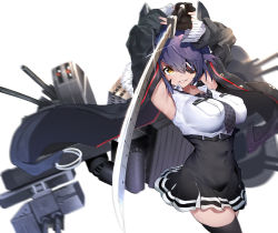 Rule 34 | 1girl, absurdres, arms up, black gloves, black jacket, black skirt, black thighhighs, breast pocket, breasts, checkered clothes, checkered necktie, checkered neckwear, eyepatch, gegeron, gloves, high-waist skirt, highres, holding, holding sword, holding weapon, jacket, kantai collection, large breasts, lips, long sleeves, necktie, pocket, purple hair, rigging, shirt, simple background, skindentation, skirt, sleeveless, sleeveless shirt, solo, sword, tenryuu (kancolle), thighhighs, weapon, white background, white shirt, yellow eyes