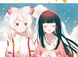 Rule 34 | 2girls, animal ears, black hair, blouse, blue sky, blush, border, bow, breasts, brown hair, closed eyes, closed mouth, cloud, cloudy sky, collared shirt, commentary request, frills, fujiwara no mokou, gradient hair, grey hair, hair bow, hands up, highres, holding, holding stuffed toy, houraisan kaguya, juliet sleeves, long hair, long sleeves, looking at another, medium breasts, multicolored bow, multicolored hair, multiple girls, open mouth, outdoors, outside border, own hands together, petals, pink shirt, puffy long sleeves, puffy sleeves, rabbit ears, red bow, red eyes, shirt, sidelocks, sky, standing, stuffed animal, stuffed toy, suspenders, teeth, tongue, toraneko 2, touhou, toy, white border, white bow, white hair, white shirt, wide sleeves
