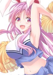 Rule 34 | 1girl, :d, alternate costume, animal ears, arm up, armpits, bare arms, bare shoulders, blue skirt, blush, breasts, cheerleader, commentary, crop top, hair between eyes, hisae (hisae collect), holding, holding pom poms, large breasts, long hair, looking at viewer, midriff, miniskirt, navel, open mouth, pom pom (cheerleading), pom poms, purple hair, rabbit ears, red eyes, reisen udongein inaba, simple background, skirt, sleeveless, smile, solo, stomach, sweat, touhou, upper body, white background