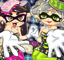 Rule 34 | &gt;:d, + +, 2girls, :d, bad id, bad pixiv id, blue background, breasts, callie (splatoon), cleavage, detached collar, dress, earrings, fangs, food, food on head, green legwear, grey hair, hair rings, highres, holding hands, inkling, inkling player character, jewelry, kabyu, long hair, marie (splatoon), mole, mole under eye, multiple girls, nintendo, object on head, open mouth, pantyhose, pointy ears, purple legwear, short hair, short jumpsuit, simple background, small breasts, smile, sparkle, splatoon (series), splatoon 1, strapless, strapless dress, sushi, symbol-shaped pupils, tentacle hair, unitard, v-shaped eyebrows, yellow eyes