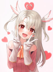 Rule 34 | 1girl, :d, absurdres, ahoge, ascot, bare shoulders, blonde hair, blush, commentary request, detached sleeves, double v, dress, fate/kaleid liner prisma illya, fate (series), gloves, heart, heart ahoge, highres, hirumi, illyasviel von einzbern, long hair, looking at viewer, open mouth, orange ascot, pink dress, red eyes, smile, solo, twintails, upper body, v
