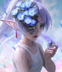 Rule 34 | 1girl, absurdres, breasts, earrings, elf, flower, frieren, green eyes, highres, inward (itwasleo), jewelry, long hair, looking at viewer, naofaro, one eye covered, parted bangs, pointy ears, small breasts, solo, sousou no frieren, twintails, white hair