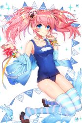 Rule 34 | 1girl, alternate costume, bell, blue eyes, blush, bracelet, brown footwear, bunting, carchet, highres, jacket, jewelry, jingle bell, loafers, nari (soccer spirits), official art, old school swimsuit, one-piece swimsuit, pennant, pink hair, school swimsuit, shoe dangle, shoes, smile, soccer spirits, solo, sparkle, string of flags, striped clothes, striped thighhighs, swimsuit, thighhighs, transparent background, water, water drop, white theme, wristband