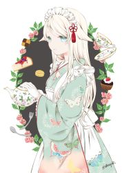 Rule 34 | 1girl, animal ears, apron, blonde hair, blue eyes, cake, cake slice, checkerboard cookie, cheesecake, closed mouth, commentary request, cookie, cup, cupcake, floral print, food, fork, frilled apron, frills, green kimono, highres, holding, japanese clothes, kimono, long hair, macaron, maid, maid apron, maid headdress, original, print kimono, saucer, sheepd, solo, spoon, swept bangs, teacup, teapot, twitter username, very long hair, wa maid, white apron, white background