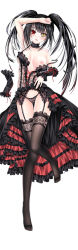 Rule 34 | 10s, 1girl, bare shoulders, black hair, black thighhighs, breasts, clock eyes, date a live, full body, garter belt, garter straps, heterochromia, lingerie, lolita fashion, long hair, looking at viewer, lunatic (phantasy), medium breasts, nipples, red eyes, simple background, solo, symbol-shaped pupils, thighhighs, tokisaki kurumi, twintails, underwear, undressing, yellow eyes