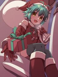 Rule 34 | 1girl, :d, airgetlam (kiseki), alternate costume, antenna hair, bare shoulders, black thighhighs, blue hair, blush, boots, box, breath, chihiro (chihiro3399), christmas, commentary, detached sleeves, eiyuu densetsu, feet out of frame, foreshortening, from below, gift, gift box, green ribbon, happy, hat, highres, incoming gift, long sleeves, looking at viewer, looking down, millium orion, neck ribbon, open mouth, pom pom (clothes), red shirt, ribbon, santa boots, santa costume, santa hat, sen no kiseki, shirt, short hair, sitting, smile, solo, spiked hair, symbol-only commentary, thighhighs, wide sleeves, yellow eyes