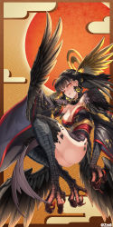 Rule 34 | 1girl, absurdres, ass, bird girl, black hair, breasts, cleavage, detached sleeves, earrings, eyeshadow, feathered wings, feathers, floral print, from below, full body, hair ornament, head wings, highres, japanese clothes, jewelry, kimono, looking down, makeup, monster girl, multicolored clothes, multicolored kimono, multiple wings, one eye closed, orange eyes, original, parted lips, red eyeshadow, short hair, signature, solo, sun, tassel, winged arms, wings, yatagarasu (mythology), zzo0