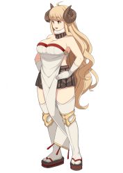 Rule 34 | 1girl, ahoge, anila (granblue fantasy), blonde hair, blunt bangs, breasts, cleavage, commentary request, draph, eyebrows, fur trim, gloves, granblue fantasy, hand on own hip, highres, horns, large breasts, long hair, michihasu, sheep horns, short eyebrows, sidelocks, solo, thick eyebrows, wavy hair, white gloves, white legwear, yellow eyes