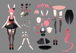 Rule 34 | 1girl, absurdres, animal ears, black dress, black footwear, black hat, black thighhighs, bow, bowtie, character profile, character request, character sheet, copyright request, dress, grey background, hat, highres, long hair, looking at viewer, naru ( nanyao3o), pink bow, pink bowtie, pink eyes, pink hair, ponytail, rabbit ears, rabbit girl, simple background, sleeveless, sleeveless dress, solo, thighhighs, virtual youtuber
