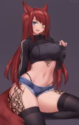 Rule 34 | 1girl, :d, animal ears, black panties, black thighhighs, blue eyes, breasts, commentary, crop top, cutoffs, drawstring, english commentary, facial tattoo, heterochromia, highleg, highleg panties, highres, hood, hood down, iwbitu, large breasts, leg tattoo, long hair, long sleeves, looking at viewer, micro shorts, midriff, navel, open mouth, original, panties, panty straps, red hair, shorts, sitting, slit pupils, smile, solo, syrth nachtstern, tail, tattoo, thighhighs, thighs, underwear, very long hair, wolf ears, wolf girl, wolf tail, yellow eyes