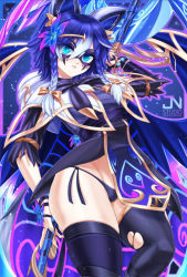 Rule 34 | 1girl, animal ears, artist name, asymmetrical legwear, black mask, black thighhighs, blue eyes, blue hair, braid, breasts, capelet, commentary, domino mask, english commentary, eyes visible through hair, facial mark, flat chest, flower, gradient hair, hair flower, hair ornament, highres, holding, holding scythe, holding weapon, indie virtual youtuber, jnstudio, looking at viewer, mask, multicolored hair, paid reward available, panties, raccoon, raccoon ears, raccoon girl, sandals, scythe, side-tie panties, small breasts, snuffy (vtuber), snuffy (vtuber) (avatar of death), thighhighs, torn clothes, torn legwear, twin braids, twintails, underwear, virtual youtuber, weapon