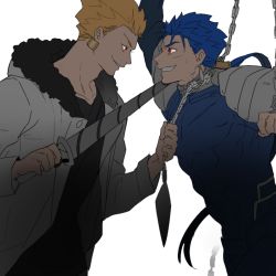 Rule 34 | 2boys, bad id, bad pixiv id, blonde hair, blue hair, bound, chain, clenched teeth, cu chulainn (fate), cu chulainn (fate/stay night), drill, enkidu (weapon) (fate), eye contact, fate/stay night, fate (series), fur trim, gilgamesh (fate), hair slicked back, hood, hooded jacket, injury, jacket, lance, lancelot (smalock), long sleeves, looking at another, male focus, multiple boys, open clothes, open jacket, polearm, red eyes, short hair, simple background, smile, staring, sweatdrop, sword, teeth, tied up (nonsexual), upper body, weapon, white background