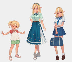Rule 34 | 3girls, ;d, age comparison, bag, blonde hair, blue-framed eyewear, blue serafuku, blue skirt, blush, bracelet, brown footwear, child, closed mouth, dark-skinned female, dark skin, elf, full body, glasses, green shorts, grey footwear, high-waist skirt, high tops, holding, holding bag, hololive, jewelry, loafers, long hair, looking at viewer, miniskirt, multicolored hair, multiple girls, neck ribbon, one eye closed, open mouth, outstretched arms, pink footwear, pleated skirt, pointy ears, red shirt, ribbon, sakumichi, school uniform, semi-rimless eyewear, serafuku, shiranui flare, shirt, shoes, short hair, short twintails, shorts, simple background, skirt, smile, sneakers, standing, streaked hair, twintails, under-rim eyewear, virtual youtuber, white background, white hair