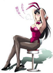 Rule 34 | 1girl, animal ears, armpits, black hair, bow, bowtie, breasts, breath, cleavage, detached collar, closed eyes, fake animal ears, fishnet pantyhose, fishnets, high heels, hiro (chevy350), legs, crossed legs, lips, lipstick, long hair, makeup, nail polish, open mouth, original, pantyhose, playboy bunny, rabbit ears, rabbit tail, shadow, shoeplay, shoes, single shoe, sitting, solo, stool, tail, tears, translation request, wrist cuffs