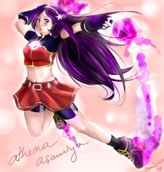 Rule 34 | 1girl, absurdres, arched back, asamiya athena, belt, bike shorts, blush, breasts, character name, crop top, fingerless gloves, fire, gloves, glowing, hair ornament, hairband, highres, long hair, midriff, misao02, navel, purple eyes, purple fire, purple hair, shoes, shorts, shorts under skirt, skirt, small breasts, sneakers, snk, socks, solo, spandex, star (symbol), star hair ornament, the king of fighters, the king of fighters 2002