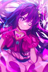 Rule 34 | 1girl, artist name, belt, closed mouth, commentary, dress, eyelashes, gem, gloves, hair between eyes, hair ornament, hair ribbon, hands up, heart, heart hands, highres, hoshino ai (oshi no ko), idol, jewelry, lips, long hair, looking at viewer, lucidsky, multicolored eyes, multicolored hair, one eye closed, oshi no ko, pink dress, pink eyes, pink gemstone, pink gloves, pink hair, pink ribbon, purple belt, purple eyes, purple hair, rabbit hair ornament, ribbon, short sleeves, sidelocks, simple background, sleeveless, sleeveless dress, smile, solo, sparkle, standing, star-shaped pupils, star (symbol), star hair ornament, star print, symbol-shaped pupils, turtleneck, turtleneck dress, two-tone hair, v-shaped eyebrows, white background, white ribbon