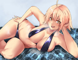 Rule 34 | 1girl, absurdres, ahoge, alternate hair color, bare shoulders, bikini, bikini pull, black bikini, blonde hair, blush, breasts, breath, cleavage, clothes pull, collarbone, fate/grand order, fate (series), hair between eyes, hand on own hip, head rest, heavy breathing, highres, hip focus, jeanne d&#039;arc (fate), jeanne d&#039;arc alter (avenger) (fate), jeanne d&#039;arc alter (fate), kisaragi tsurugi, large breasts, looking at viewer, lying, navel, on bed, on side, open mouth, short hair, smile, solo, standing, swimsuit, tan, thighs, yellow eyes