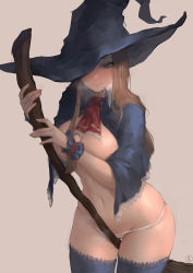 Rule 34 | 1girl, blue hat, breasts, breath, broom, brown hair, castlevania: portrait of ruin, castlevania (series), charlotte aulin, cowboy shot, crotch rub, hat, highres, large breasts, long hair, nat the lich, navel, panties, red neckwear, shaking, simple background, skindentation, solo, staff, thighhighs, underwear, white panties, witch hat