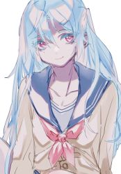 Rule 34 | 1girl, bad id, bad pixiv id, blue hair, breasts, collarbone, hair behind ear, hair between eyes, long hair, looking to the side, mole, mole under eye, original, puchipuchi, red eyes, school uniform, small breasts, smile, upper body, white background