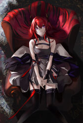 Rule 34 | 1girl, absurdres, arknights, armband, armchair, bare arms, bare shoulders, black thighhighs, breasts, chair, chinese commentary, cleavage, commentary request, detached collar, feet out of frame, highres, horns, huge filesize, long hair, mackia, own hands together, partial commentary, purple eyes, red hair, sitting, solo, surtr (arknights), thighhighs, zettai ryouiki