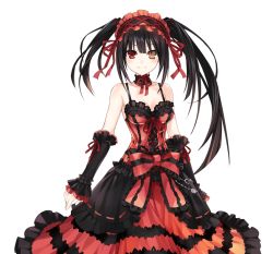 Rule 34 | 10s, 1girl, bare shoulders, black hair, breasts, cleavage, clock eyes, date a live, detached sleeves, dress, hair ribbon, lolita fashion, long hair, looking at viewer, maid headdress, red eyes, red ribbon, ribbon, simple background, smile, solo, standing, symbol-shaped pupils, tokisaki kurumi, transparent background, tsunako, yellow eyes