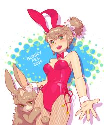 Rule 34 | 1girl, 1other, animal ears, bow, bowtie, breasts, brown hair, rabbit, commentary request, cowboy shot, detached collar, fake animal ears, fukusuke hachi-gou, green eyes, hand on another&#039;s head, highres, leotard, lipstick, looking at viewer, makeup, open mouth, original, pantyhose, playboy bunny, rabbit ears, rabbit tail, red leotard, red neckwear, short hair, side ponytail, small breasts, smile, strapless, strapless leotard, tail, teeth, two-tone background, upper teeth only, wrist cuffs