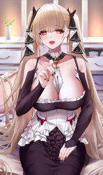 Rule 34 | 1girl, absurdly long hair, absurdres, azur lane, bare shoulders, between breasts, black dress, black nails, black ribbon, blonde hair, breasts, cleavage, dress, formidable (azur lane), frilled dress, frills, hair ribbon, highres, indoors, kirisamede gzr, lap pillow invitation, large breasts, long hair, looking at viewer, mimikaki, necktie, necktie between breasts, open mouth, red eyes, ribbon, sitting, solo, twintails, two-tone dress, two-tone ribbon, very long hair, white ribbon