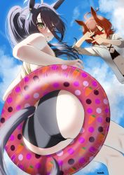 Rule 34 | 2girls, :o, agnes tachyon (umamusume), ahoge, animal ears, artist name, ass, bikini, black bikini, black hair, black one-piece swimsuit, blush, breasts, casual one-piece swimsuit, cleavage, cloud, day, earrings, finger frame, hair between eyes, highres, horse ears, horse girl, horse tail, innertube, jacket, jewelry, long hair, looking at another, looking at viewer, looking back, manhattan cafe (umamusume), matuda (matudayazo), multiple girls, navel, one-piece swimsuit, one eye closed, outdoors, ponytail, single earring, solo focus, sweat, swim ring, swimsuit, tail, umamusume, white jacket, yellow eyes