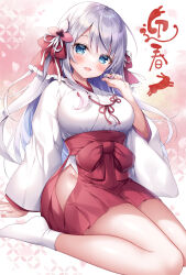 Rule 34 | 1girl, :d, blue eyes, blush, bow, breasts, chinese zodiac, commentary request, fang, grey hair, groin, hair bow, hakama, hakama short skirt, hakama skirt, japanese clothes, kimono, large breasts, long hair, long sleeves, looking at viewer, mitsuba choco, nail polish, no shoes, open mouth, original, pink nails, red bow, red hakama, ribbon, side slit, sitting, skirt, smile, socks, solo, very long hair, wariza, white kimono, white ribbon, white socks, wide sleeves, year of the rabbit