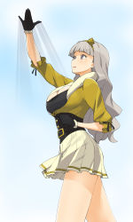 Rule 34 | 1girl, 961 production, a1 (initial-g), absurdres, belt, breasts, cleavage, gloves, grey hair, hairband, highres, idolmaster, idolmaster (classic), large breasts, long hair, non-web source, parody, shijou takane, skirt, solo
