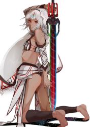 Rule 34 | 10s, 1girl, altera (fate), arm up, ass, barefoot, black nails, black panties, blunt bangs, dark-skinned female, dark skin, detached sleeves, fate/extella, fate/extra, fate/grand order, fate (series), feet, from side, full body, grey hair, highres, holding, holding sword, holding weapon, kneeling, leg warmers, long hair, midriff, mugcup, nail polish, panties, photon ray (fate), red eyes, ribs, simple background, skinny, soles, solo, strapless, sword, tattoo, tube top, underwear, veil, weapon, white background