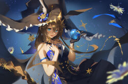 Rule 34 | 1girl, ambience synesthesia, amiya (arknights), animal ears, arknights, armlet, ash-c, bare shoulders, black dress, black gloves, blue apple, blue eyes, brown hair, commentary request, dandelion, dress, flower, gloves, hand on own chest, hat, highres, jewelry, long hair, multiple rings, necklace, open mouth, rabbit ears, rabbit girl, ring, solo, thumb ring, witch, witch hat