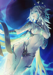 Rule 34 | 1girl, alternate form, blue background, blue eyes, breasts, colored skin, cowboy shot, cracked skin, feather hair, feathers, final fantasy, final fantasy xiv, fingernails, glowing, grey hair, hair ornament, half-closed eyes, hand on own chest, hand up, highres, long fingernails, long hair, looking ahead, midriff, navel, outstretched arms, parted lips, sharp fingernails, sin eater (ff14), solo, tamtam ex, warrior of light (ff14), white hair, white skin