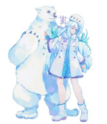 Rule 34 | 1girl, animal, bare legs, bear, blue eyes, blue hair, dress, flower, highres, light blue hair, lily of the valley, long hair, long sleeves, nintendo, aged up, polar bear, signature, simple background, smile, sou (pale 1080), ursula (xenoblade), white background, white footwear, xenoblade chronicles (series), xenoblade chronicles 2, xenoblade chronicles (series), xenoblade chronicles 2