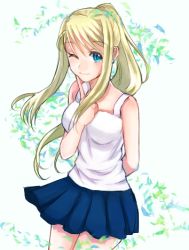 Rule 34 | 1girl, ;), arm behind back, bare arms, bare shoulders, blonde hair, blue eyes, blue skirt, clothes lift, cowboy shot, earrings, finger to cheek, floating hair, fullmetal alchemist, happy, jewelry, looking at viewer, lowres, machi (xxx503r), one eye closed, ponytail, shirt, simple background, skirt, skirt lift, sleeveless, sleeveless shirt, smile, solo, thighs, upper body, white background, white shirt, winry rockbell