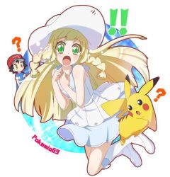 Rule 34 | !, !!, 1boy, 1girl, ?, artist name, ash ketchum, baseball cap, black hair, blonde hair, brown eyes, creatures (company), game freak, gen 1 pokemon, green eyes, hat, lillie (pokemon), mi~o, nintendo, pikachu, pokemon, pokemon (anime), pokemon (creature), pokemon sm (anime), sun hat, surprised, white footwear