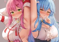 Rule 34 | 2girls, absurdres, ahoge, armpit focus, armpits, blonde hair, blue bow, blue hair, blush, bow, breasts, cleavage, cleavage cutout, clothing cutout, commentary, commentary request, corset, detached sleeves, green eyes, grey background, half-closed eyes, hand up, highres, hololive, huge breasts, japanese clothes, kimono, kusana (dudqja602), long hair, looking at viewer, multiple girls, pink hair, presenting armpit, sakura miko, sakura miko (1st costume), shirt, sideboob, smile, underbust, upper body, virtual youtuber, white kimono, white shirt, yukihana lamy, yukihana lamy (1st costume)