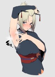 Rule 34 | 1girl, arm up, armpits, arms up, blonde hair, blush, breasts, closed mouth, commentary, detached sleeves, facial scar, gintama, grey background, hair ornament, highres, japanese clothes, jikatarou, kimono, kunai, looking at viewer, obi, presenting armpit, purple eyes, sash, scar, scar on cheek, scar on face, short hair, simple background, spread armpit, steam, sweat, tsukuyo (gintama), weapon