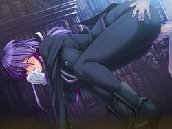 Rule 34 | 1boy, 1girl, all fours, ass, ass grab, black lilith, blush, boots, breasts, butler, censored, closed eyes, clothed sex, doggystyle, eyepatch, feet, formal, game cg, hanging breasts, hetero, high heels, kagami hirotaka, large breasts, long hair, looking back, nail polish, onmyou kishi towako, penetration through clothes, penis, purple hair, pussy juice, saliva, sex, sex from behind, shiki reika, suit, sweat, through clothes, vaginal