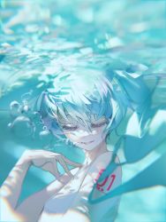 Rule 34 | 1girl, absurdres, air bubble, aqua hair, aqua theme, blurry, blurry background, bubble, closed eyes, dress, hand on own chest, hatsune miku, highres, houtei9, light, long hair, number tattoo, ocean, open mouth, smile, solo, tattoo, twintails, underwater, vocaloid, white dress