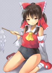 Rule 34 | 1girl, ascot, atage, black hair, bobby socks, bow, detached sleeves, female focus, gohei, gomibox2021, hair bow, hakurei reimu, japanese clothes, mary janes, miko, no pants, one-piece swimsuit, red eyes, school swimsuit, shoes, short hair, smirk, socks, solo, swimsuit, swimsuit under clothes, touhou