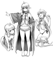 Rule 34 | 1girl, ass, barefoot, blush, breasts, cleavage, fang, fumitan (humitan), greyscale, hand on own hip, kneeling, long hair, monochrome, multiple views, navel, open mouth, original, panties, pointy ears, robe, simple background, smile, sweatdrop, tanaka the wizard, underwear, white background