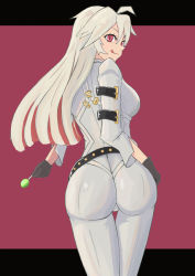 Rule 34 | 1girl, ahoge, arc system works, artist request, ass, bodysuit, breasts, candy, food, from behind, gloves, guilty gear, guilty gear xrd, guilty gear xrd: revelator, highres, jack-o&#039; valentine, large breasts, lollipop, long hair, looking at viewer, looking back, multicolored hair, red eyes, red hair, shiny clothes, sideboob, silver hair, skin tight, smile, solo, tongue, tongue out, very long hair