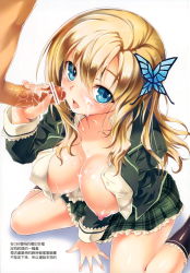 Rule 34 | 10s, 1girl, absurdres, arm support, bar censor, blonde hair, blue eyes, boku wa tomodachi ga sukunai, breasts, censored, chinese text, cleavage, cum, cum on body, cum on breasts, cum on upper body, facial, hair ornament, highres, kashiwazaki sena, kikurage (plastic people), kneeling, large breasts, long hair, looking at viewer, nipples, open clothes, open mouth, open shirt, penis, plaid, plaid skirt, pleated skirt, puffy nipples, scan, school uniform, shiny skin, shirt, sitting, skirt, solo focus, tongue, wariza