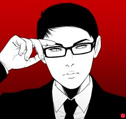 Rule 34 | 1boy, absurdres, chris re5, formal, glasses, highres, looking to the side, male focus, monochrome, necktie, portrait, real life, red background, self-portrait, signature, solo, suit