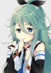 Rule 34 | 10s, 1girl, aqua eyes, aqua hair, black ribbon, choker, clenched hands, detached sleeves, grey background, hair between eyes, hair ornament, hair ribbon, hairclip, hairpin, hand to own mouth, kantai collection, long hair, looking at viewer, ponytail, ribbon, simple background, solo, twitter username, upper body, wide sleeves, yamakaze (kancolle), yukichi (eikichi)